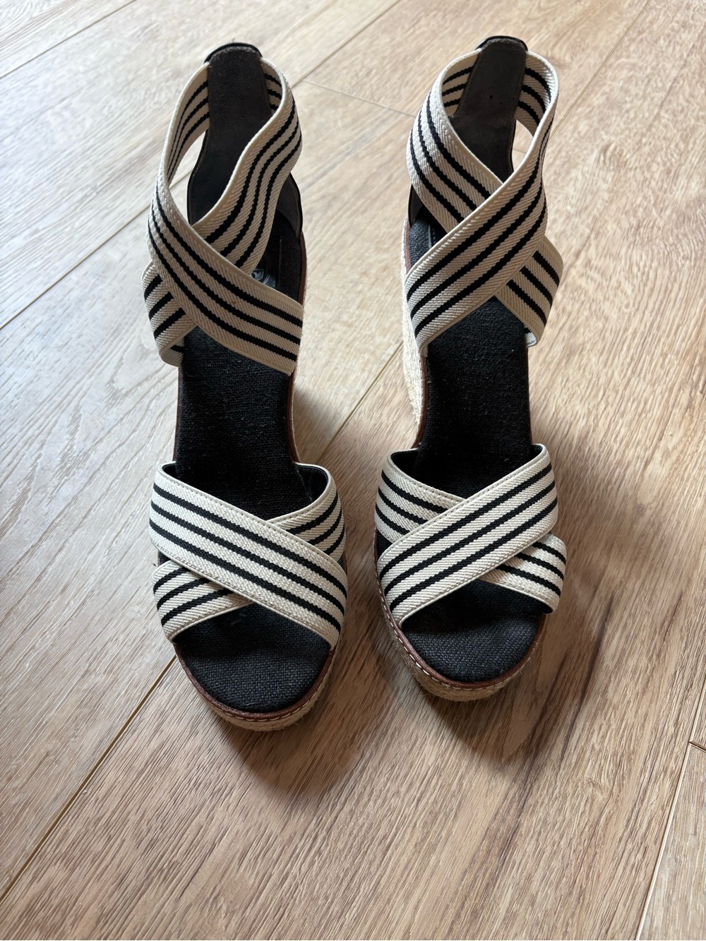 Women’s Black and White Striped Espadrille Wedge Sandals